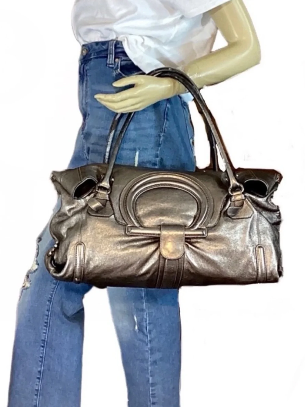 SALVATORE FERRAGAMO METALLIC SILVER/BRONZE LEATHER FOLD OVER SHOULDER BAG